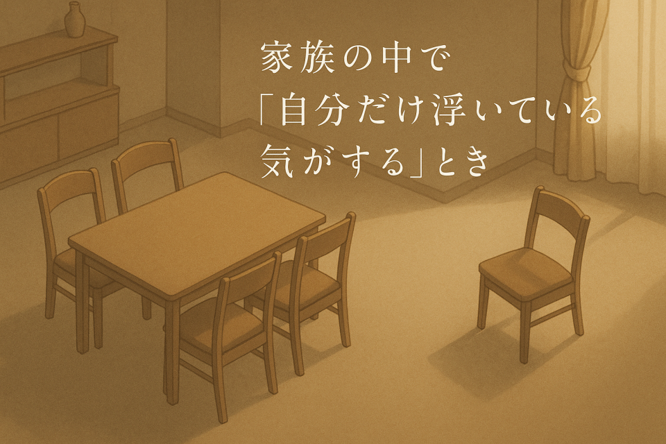 家族写真の中でひとつだけ離れた位置に置かれた額縁が、家族の輪から外れている感覚を象徴する写真