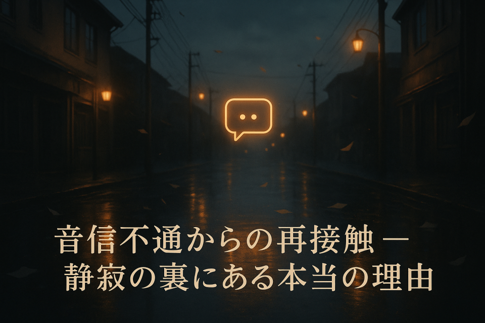 音信不通からの再接触を象徴する静かな黄昏の街と光るメッセージアイコンのアイキャッチ画像