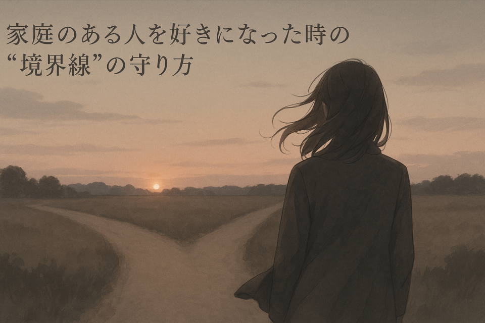家庭のある人を好きになった時の境界線をテーマにした夕暮れの分岐点のイラスト
