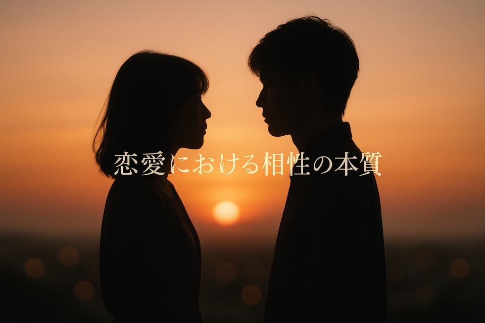 夕暮れの中向かい合う男女のシルエットが恋愛の相性を象徴するイメージ