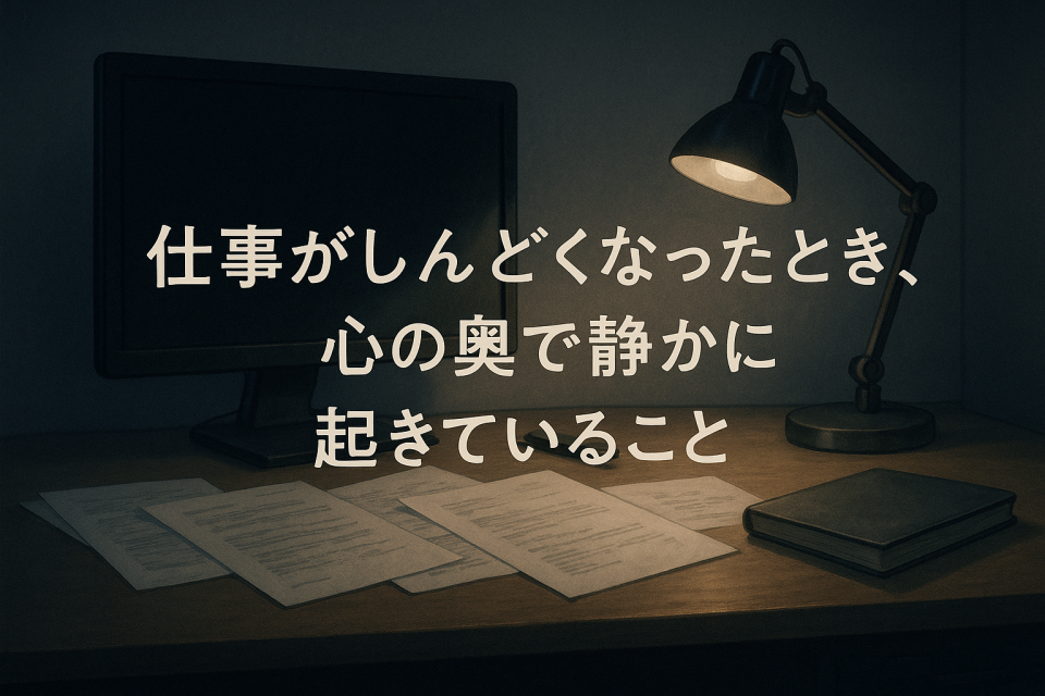 仕事に疲れ立ち止まる心の状態を象徴する静かなデスク