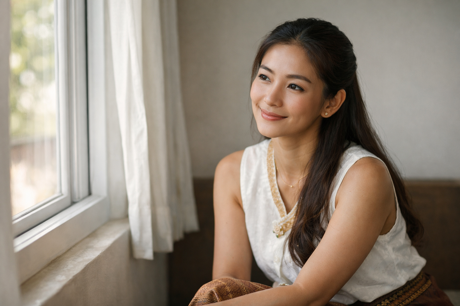 穏やかな表情のきれいなタイ女性が静かに相手の話を聞いている様子