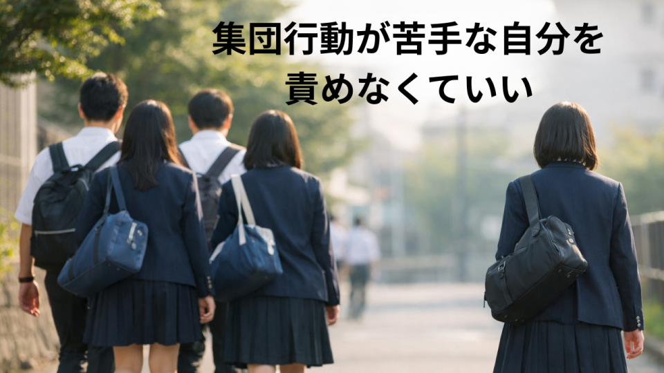 集団行動に違和感を感じながら通学する学生の後ろ姿を表したイメージ