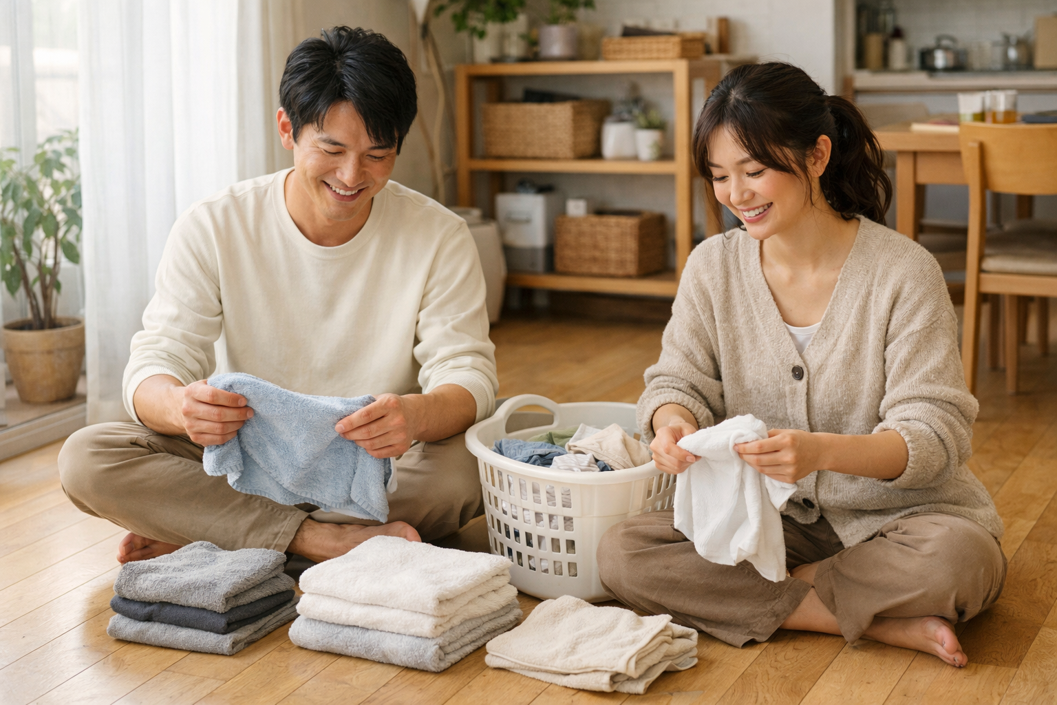 家事を一緒にする日本人夫婦の穏やかな日常