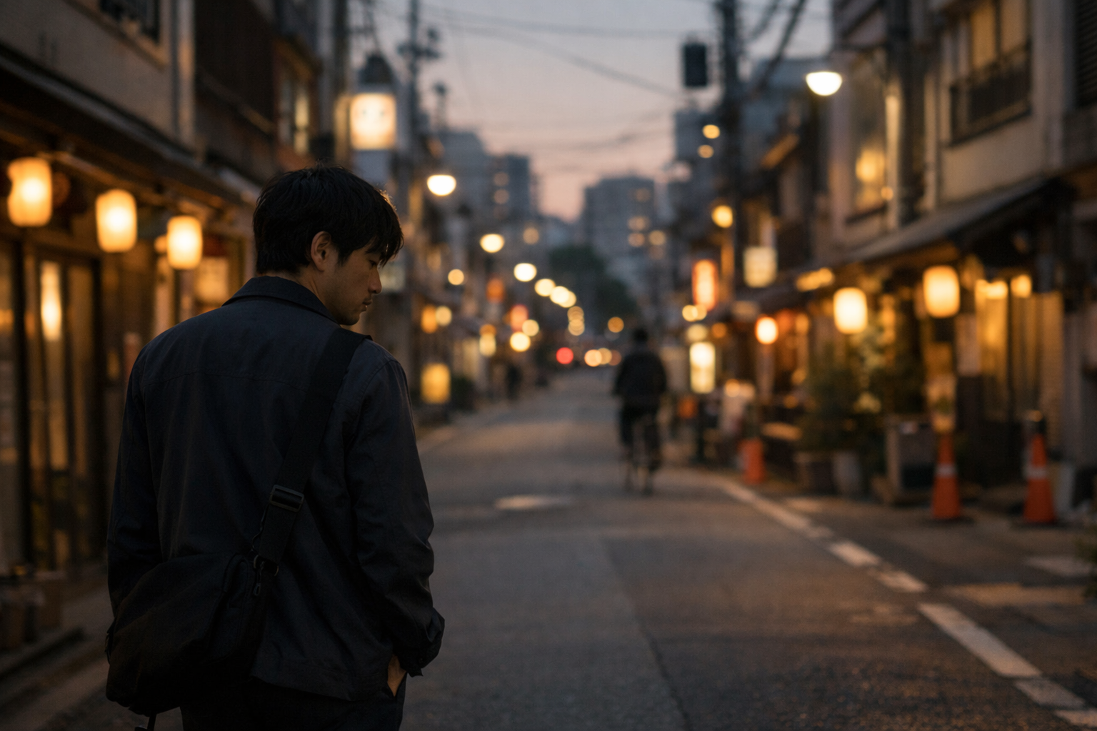 夕方の街を歩きながら想いにふける日本人の後ろ姿