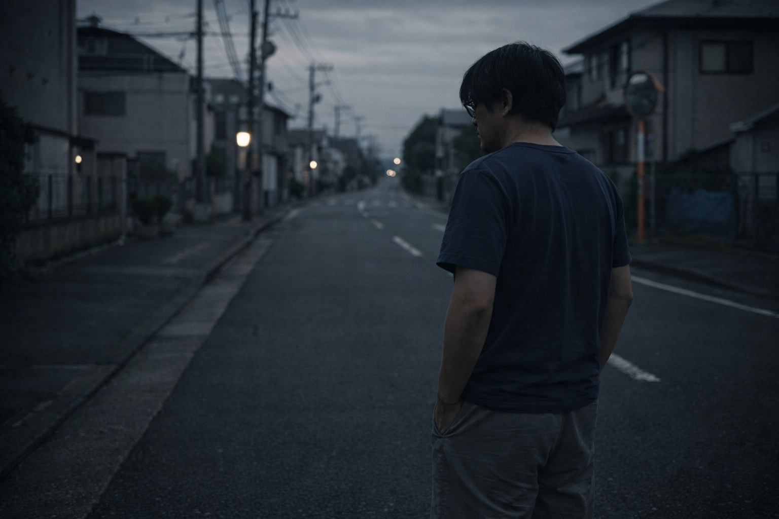 離婚を考えながら静かな街で立ち止まる男性の後ろ姿