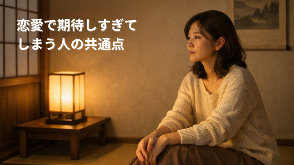 恋愛で期待しすぎて苦しくなってしまう心情を表した日本人女性の落ち着いた室内風景