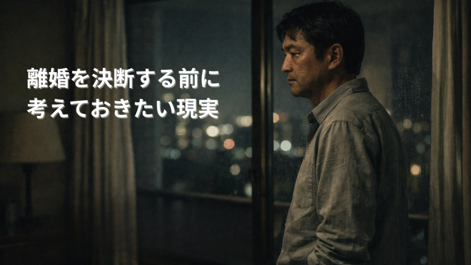 離婚を決断する前に現実と向き合い静かに考え込む日本人男性の夜の室内風景