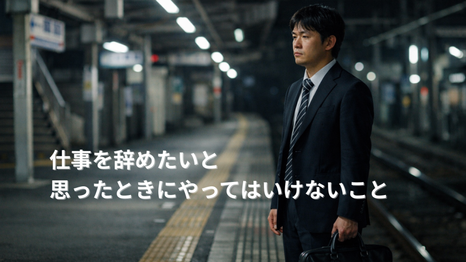 仕事を辞めたい気持ちを抱えながら夜の駅のホームに立ち尽くす日本人男性