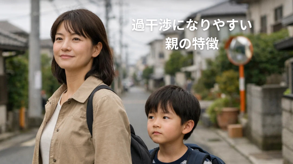 子どもより一歩前を歩き答えを知っているような表情の日本人の親