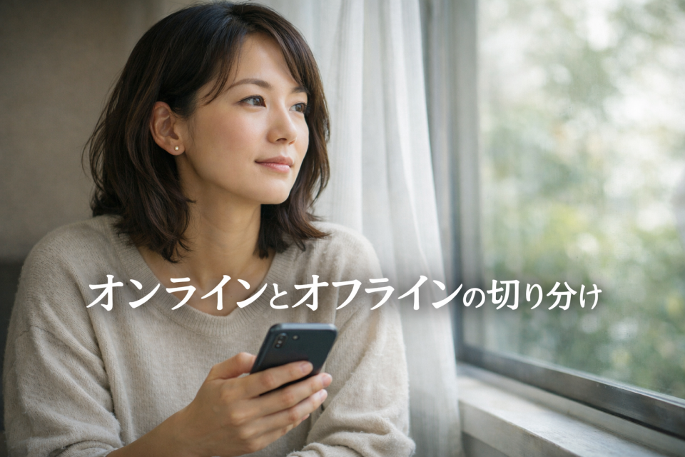 スマートフォンを持ちながら考える人物