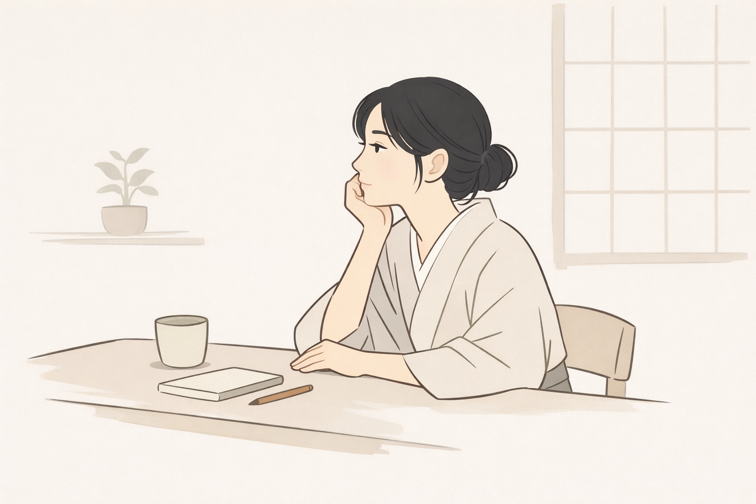 静かな空間で一人考え込む女性のイメージ