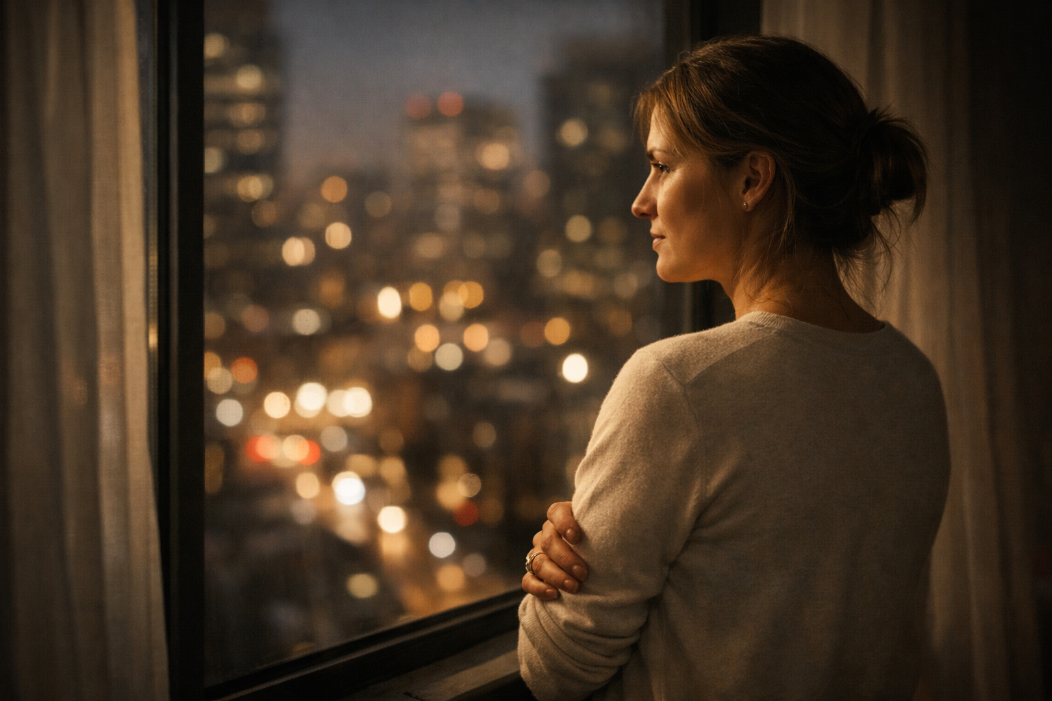夜景を見つめながら自分の感情と向き合う女性のシルエット