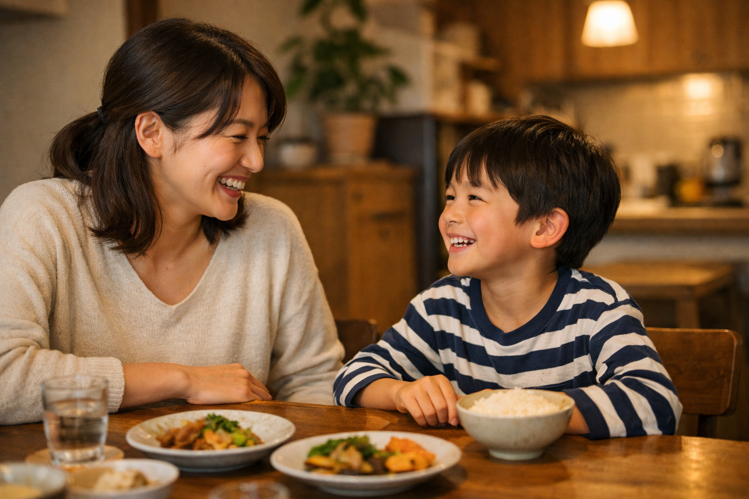親子で楽しく会話する日本人の親子の様子