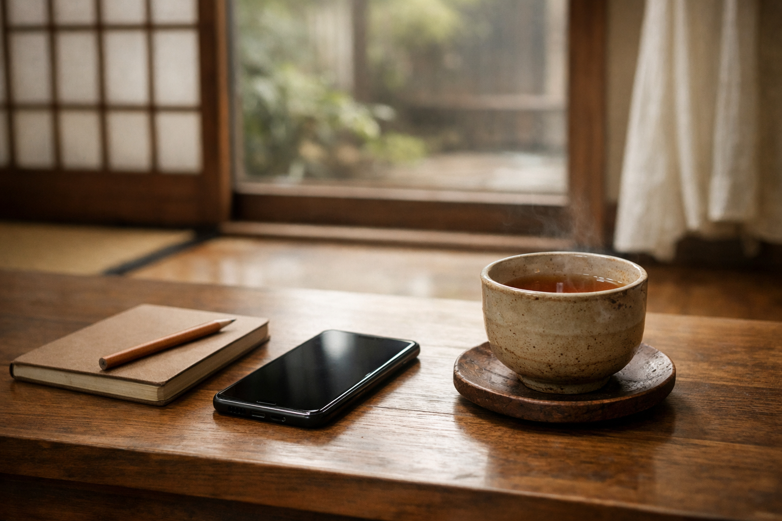 スマートフォンを伏せて置いた机と温かい飲み物のある静かな空間
