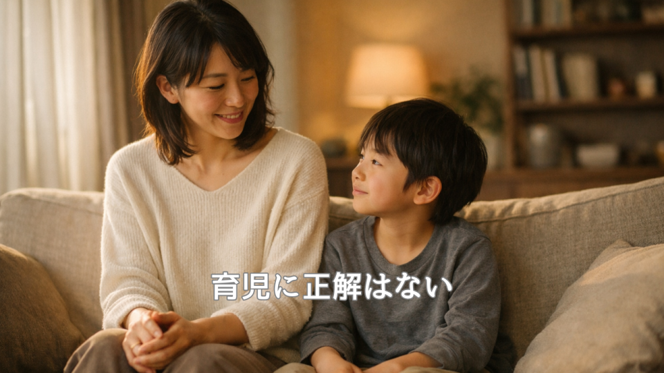 やわらかい光の中で並んで座る日本人の親子