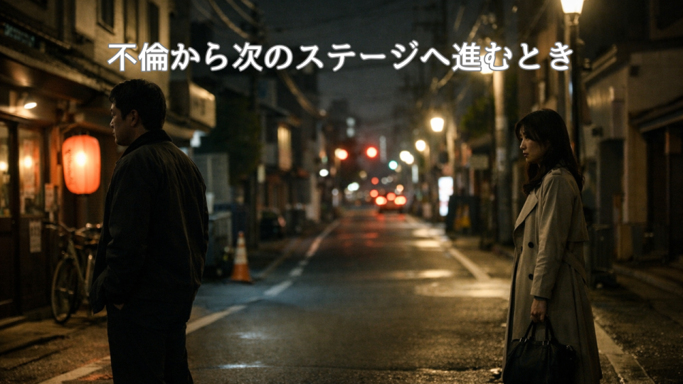 夜の街で少し距離を置いて立つ日本人の男女