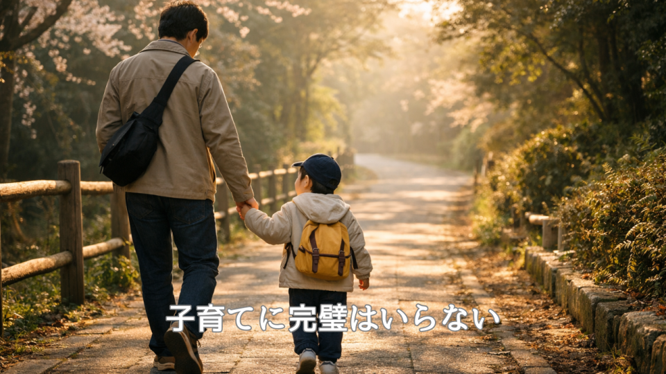 朝の道を手をつないで歩く日本人の親子