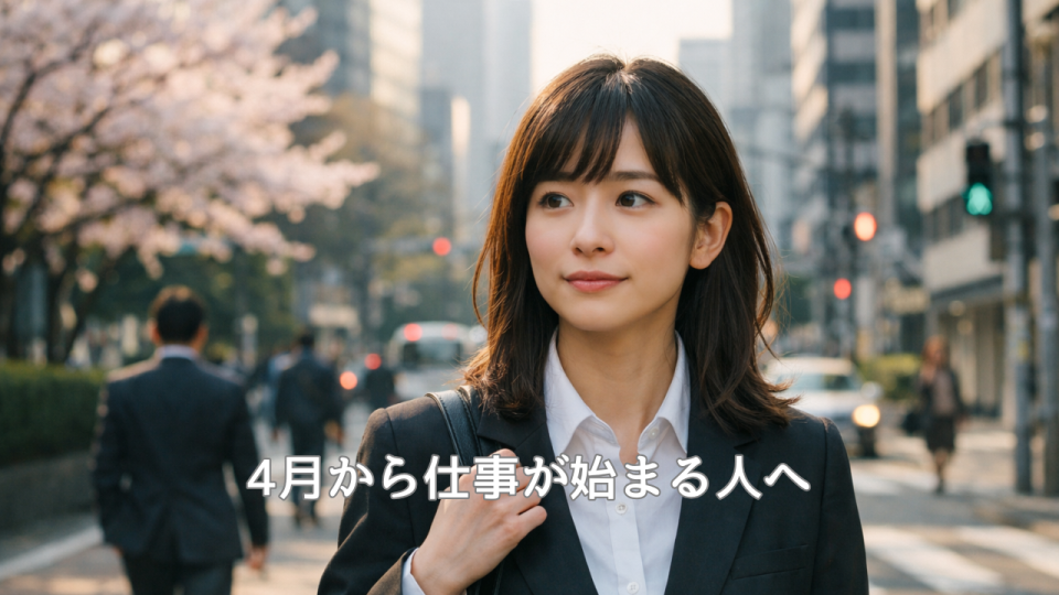 4月の朝に少し緊張した表情で通勤する日本人の若い社会人