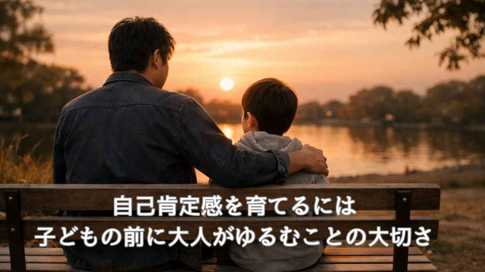 夕暮れの公園で並んで座る日本人の親子の後ろ姿