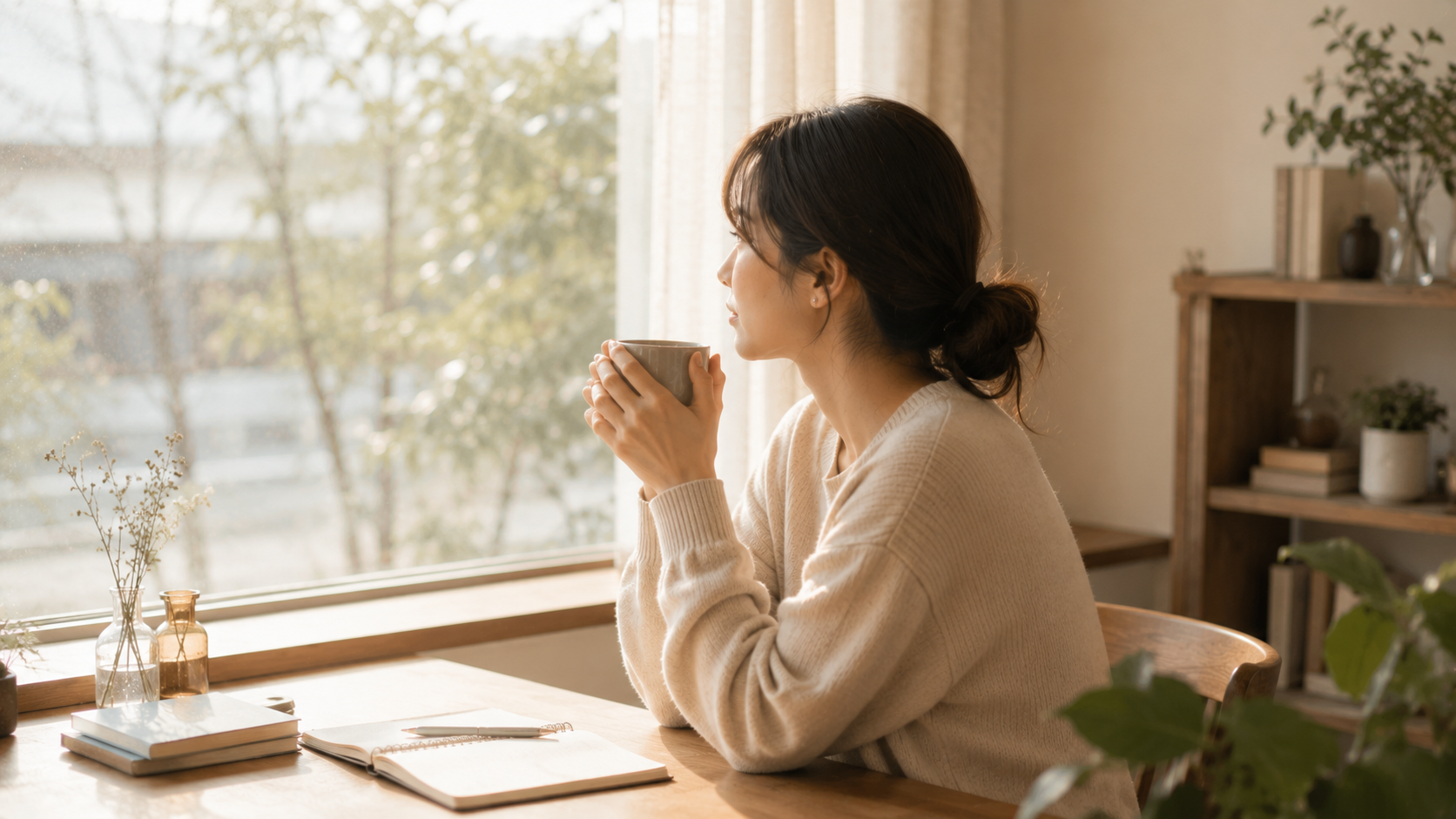 人間関係に疲れた心を整えるように静かに過ごす日本人女性
