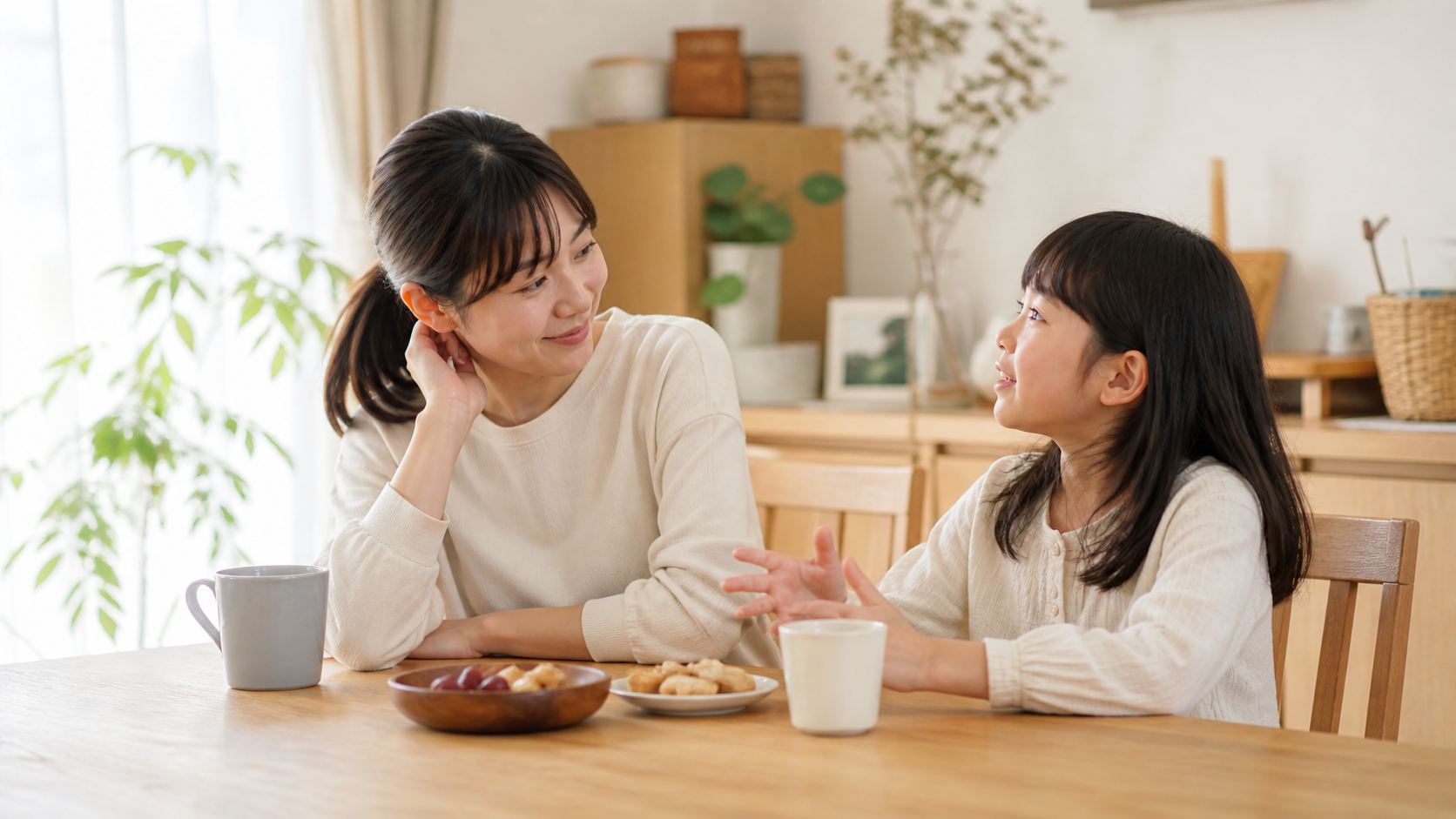 親子が自然な会話の中で安心した時間を過ごしている日本の家庭