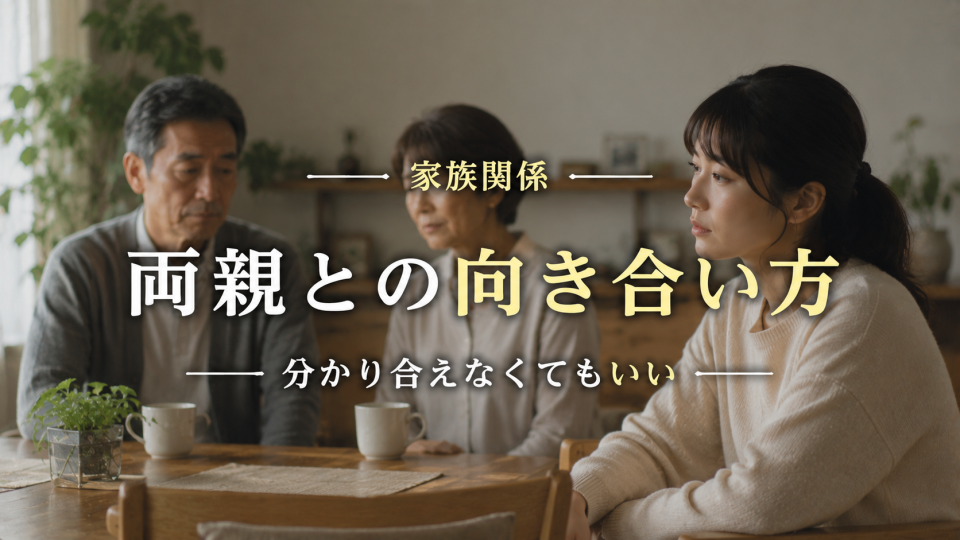 両親との距離感に悩む日本人の大人の子どもと家族の関係を表現したアイキャッチ画像