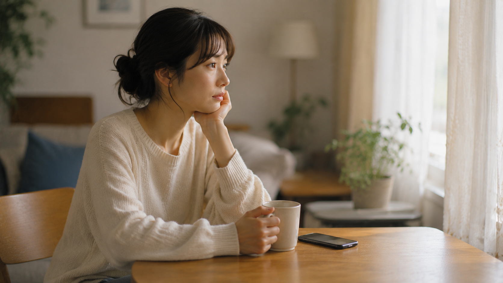 親との距離感について静かに考える日本人の大人を表現した中盤写真