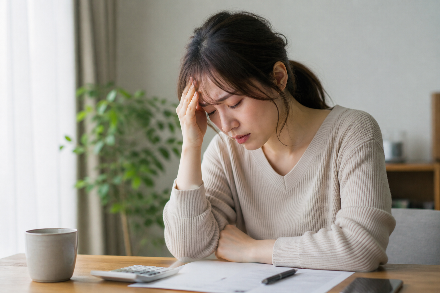 離婚の手続きや今後の生活を前に、疲れた表情で机に向かう日本人女性