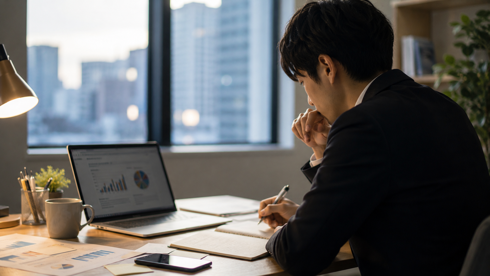 仕事と成長について考えながら机に向かう日本人の社会人