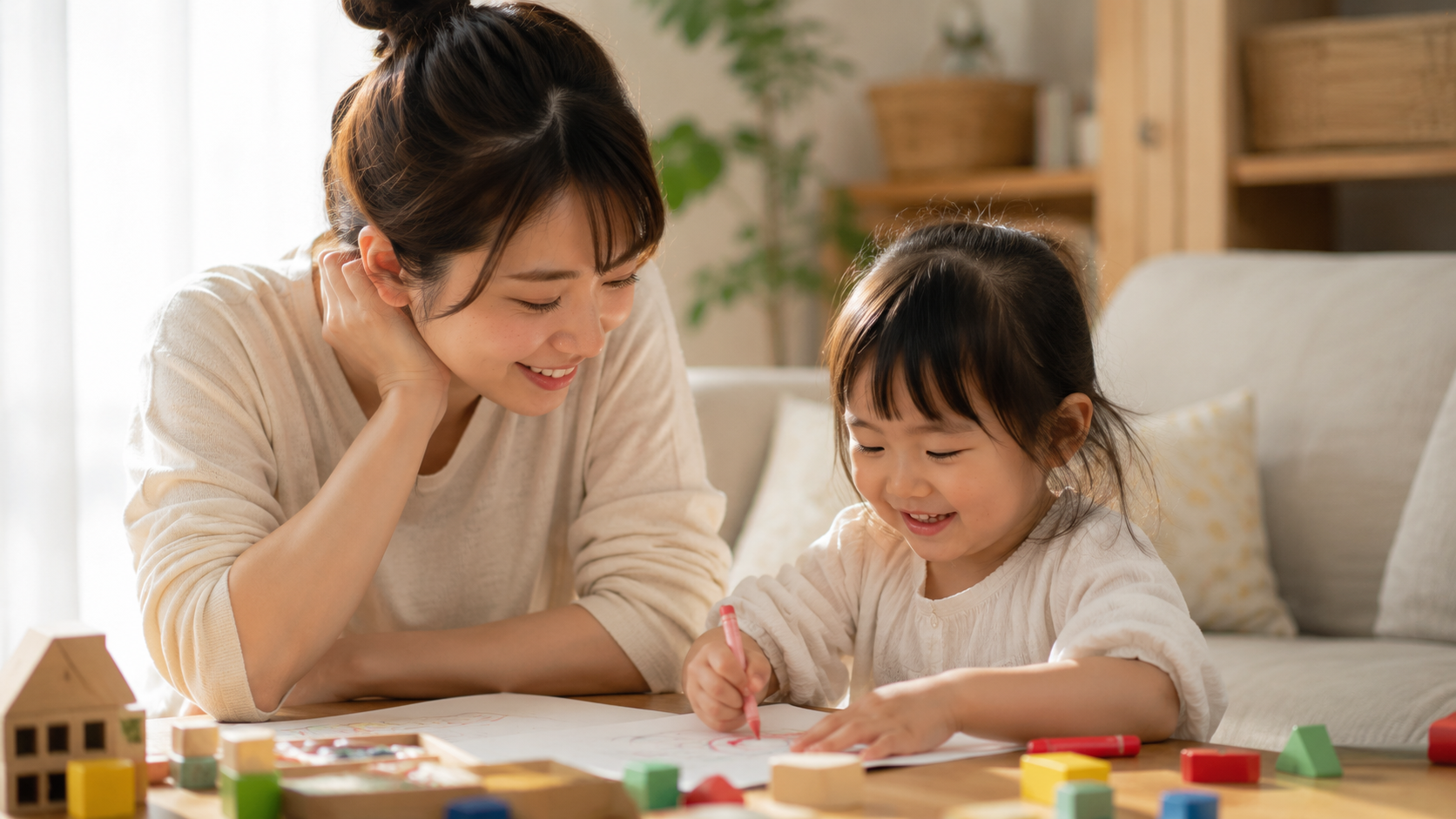 日本人の親子が室内で穏やかに過ごしている中盤写真