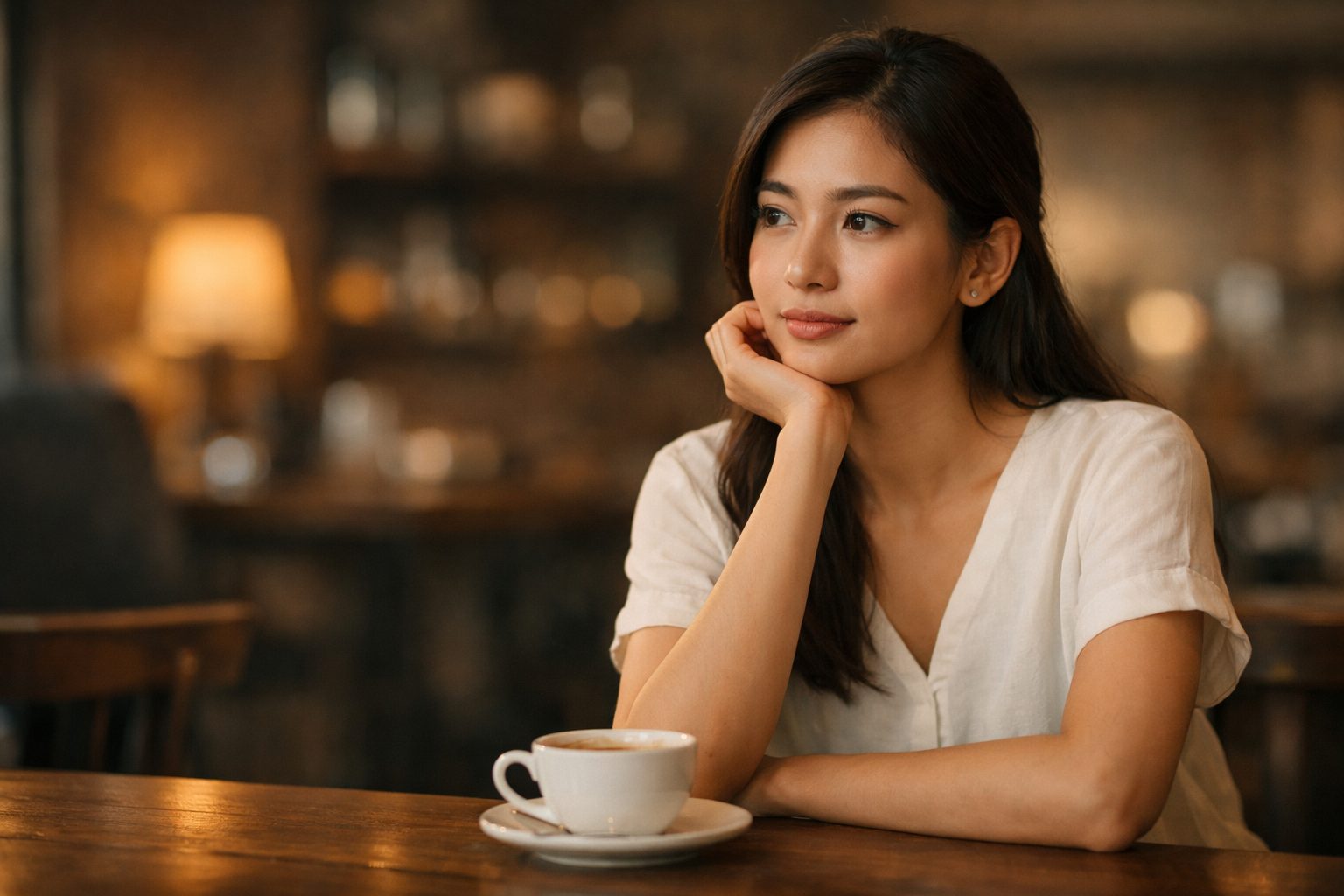 きれいなタイ女性がカフェで静かに考え込んでいる様子