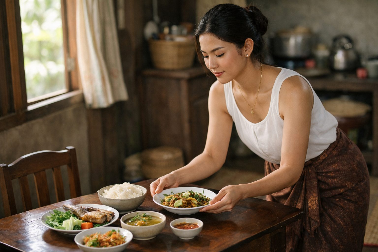 タイの家庭で食卓を整えるきれいなタイ女性の様子