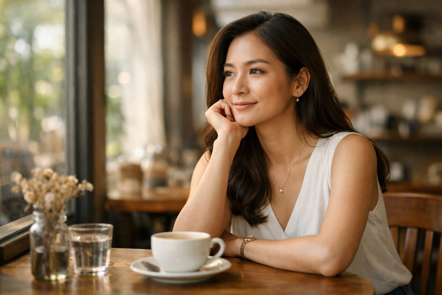 きれいなタイ女性がカフェで静かに考え事をしている様子