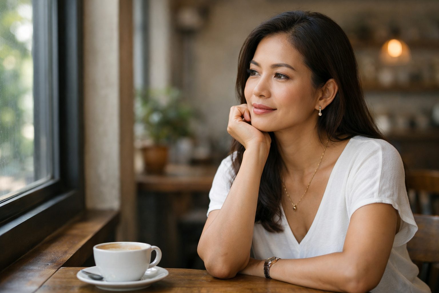 きれいなタイ女性がカフェで静かに考え事をしている様子