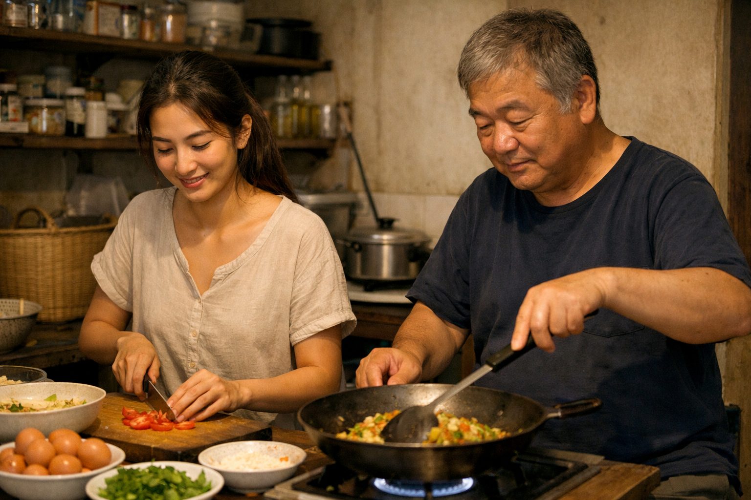 タイの家庭で年上の日本人男性とタイ女性が一緒に料理をしている様子