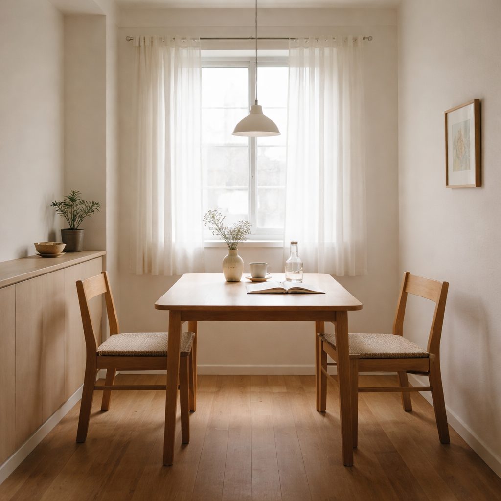 自然光が入る静かなダイニングスペース。話し合いができる余白を感じさせる空間