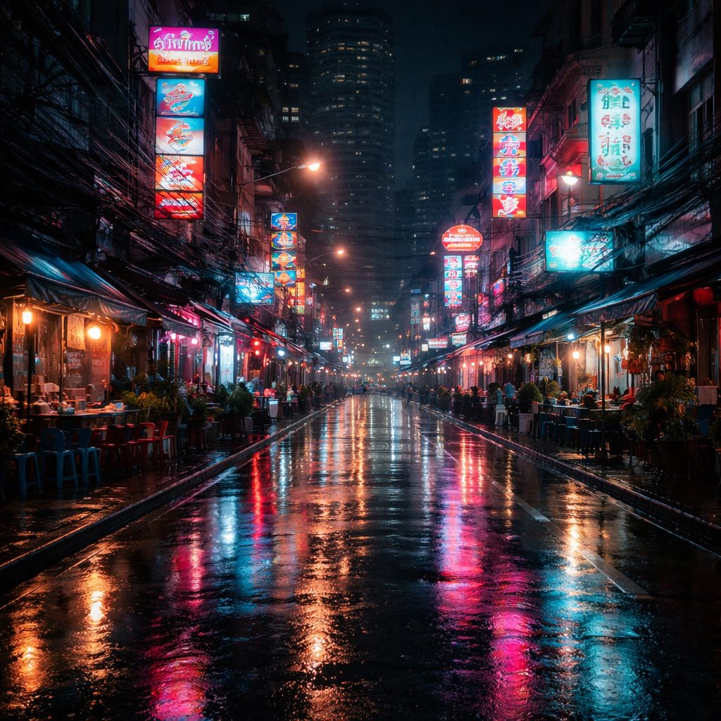 タイの夜の街並みの写真 国際恋愛と異文化の日常を感じる風景