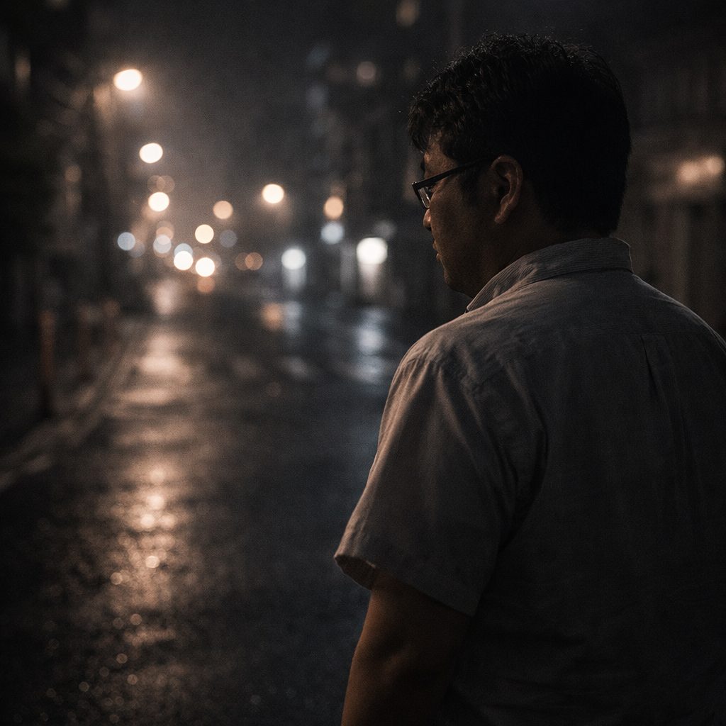 夜の街で立ち止まり人生を考える日本人男性の哀愁ある後ろ姿