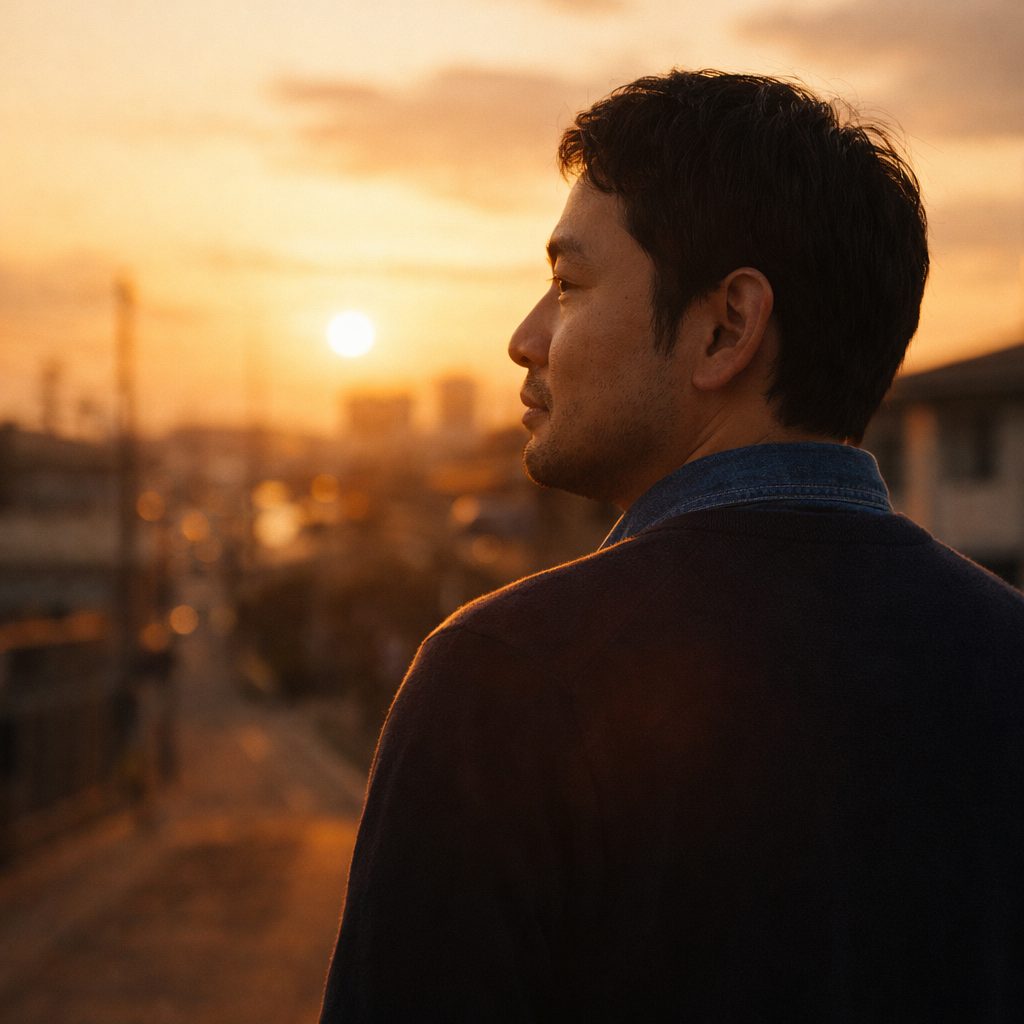 海外という選択肢を前に考え込む日本人男性の後ろ姿