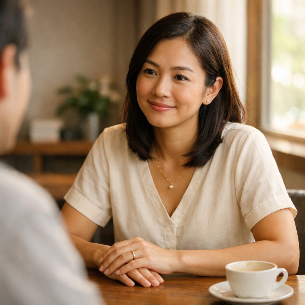 落ち着いた雰囲気のお見合いシーン タイ人女性との自然な会話