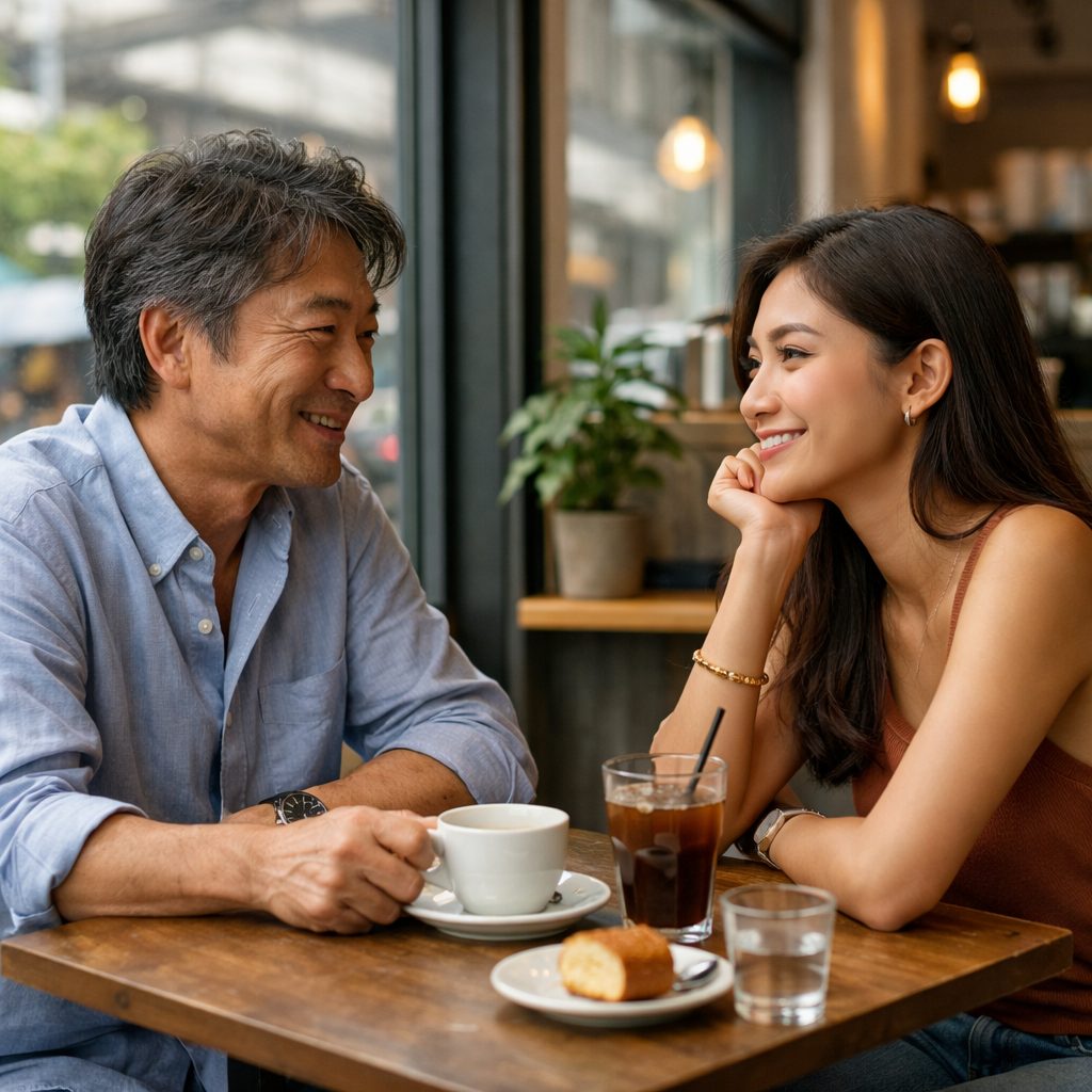 カフェで自然に過ごす日本人中年男性と若いタイ人女性