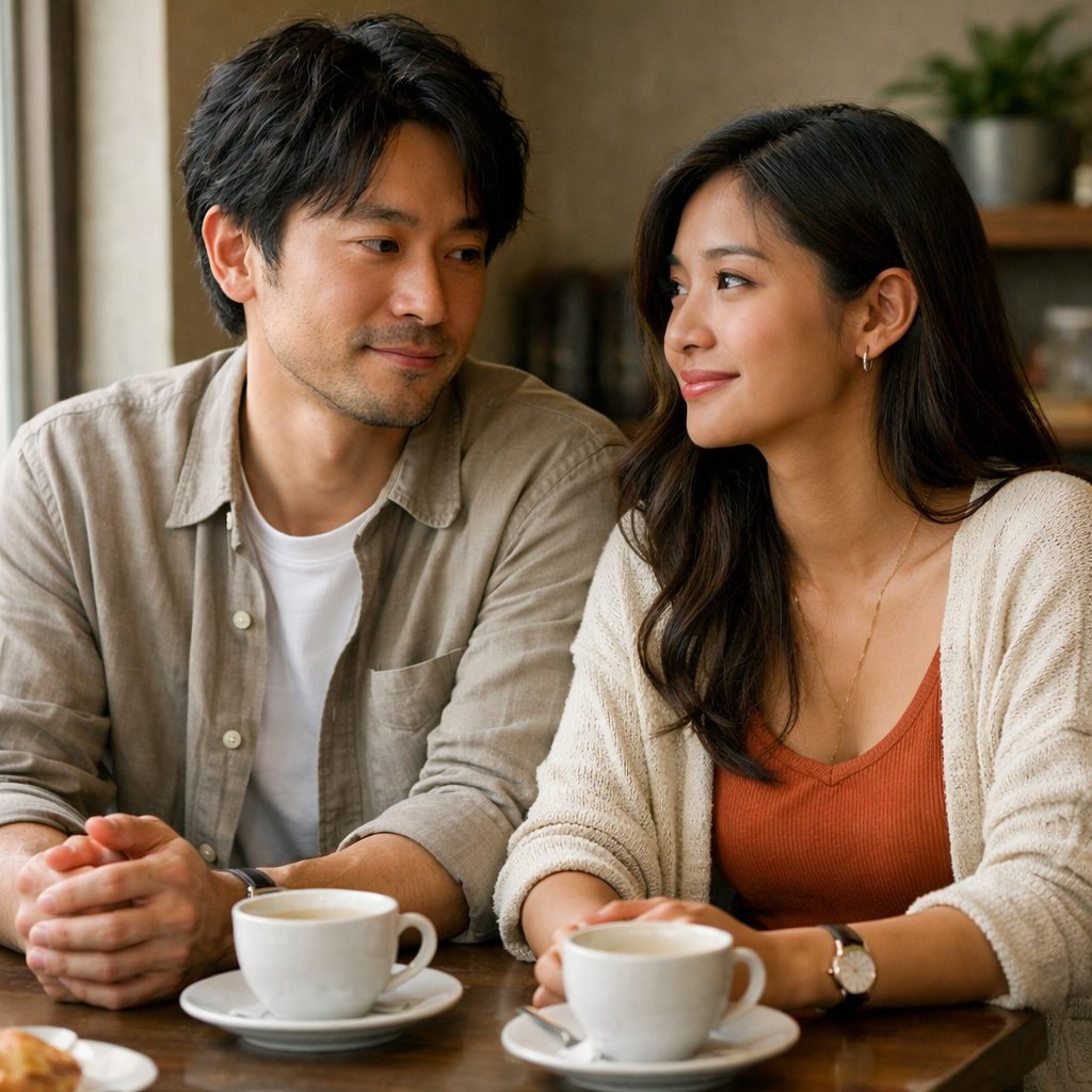 穏やかな表情で過ごすタイ人女性と日本人男性の距離感