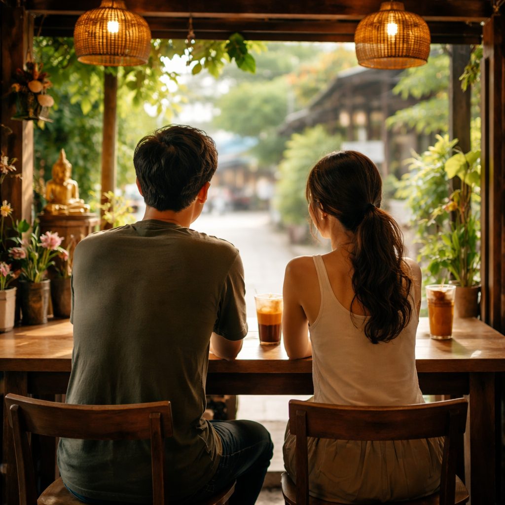 タイの街中で穏やかな時間を過ごす男女の後ろ姿