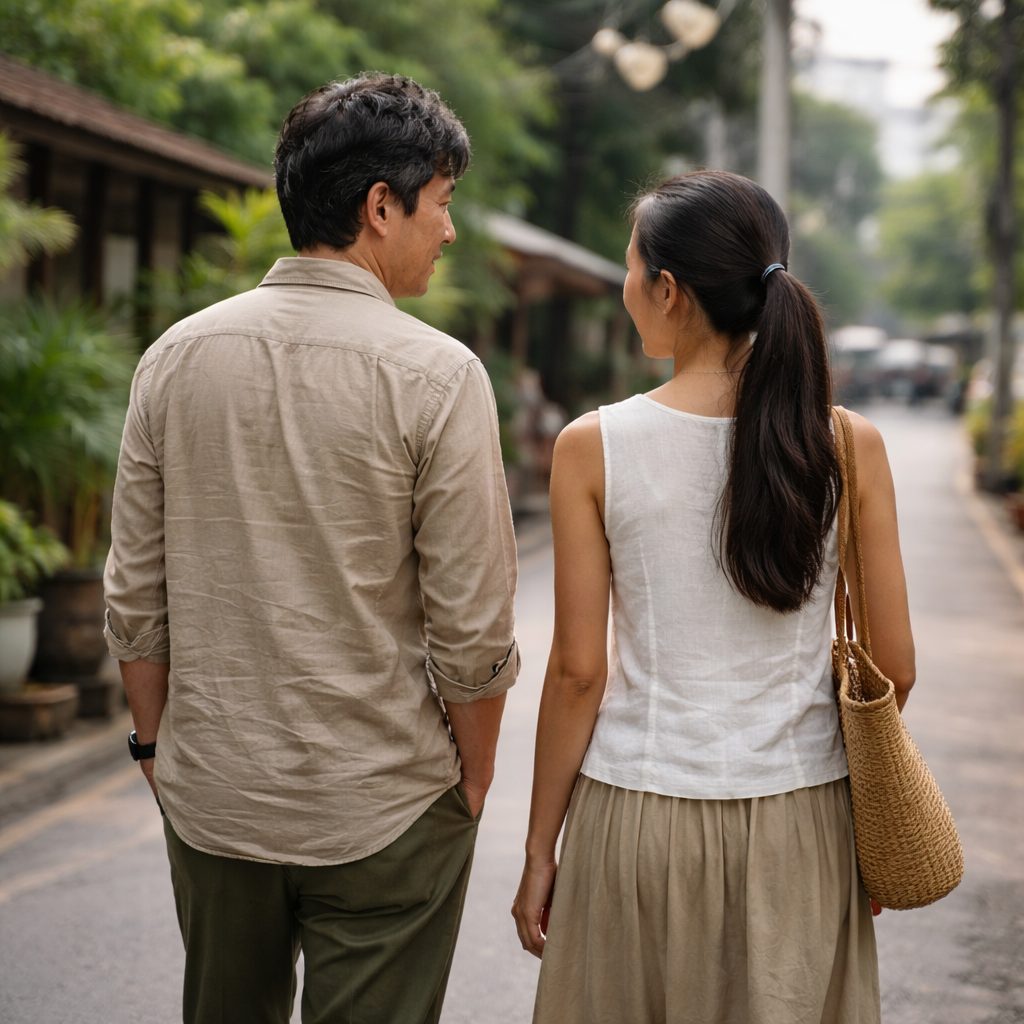 自然体の距離感で並んで過ごすタイ人女性と日本人男性