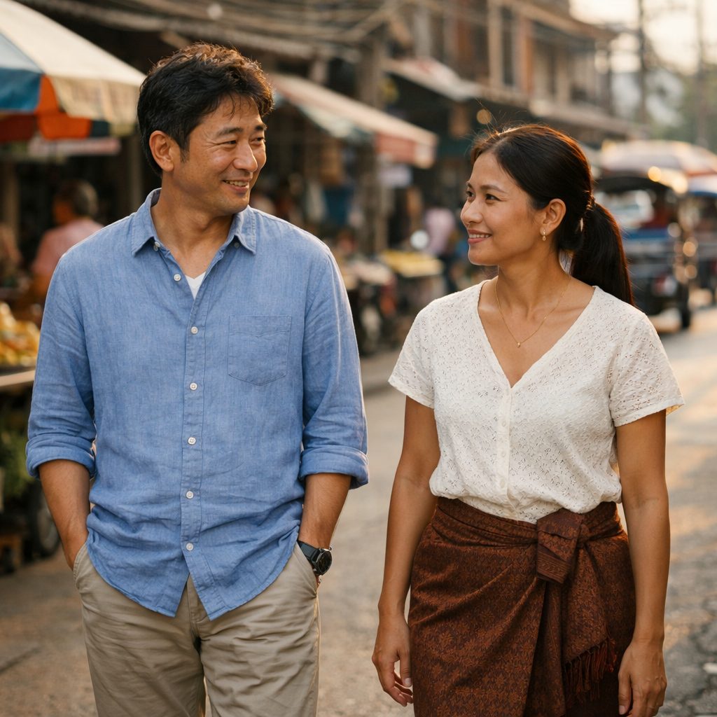 自然な距離感で会話をする日本人男性とタイ人女性の日常風景