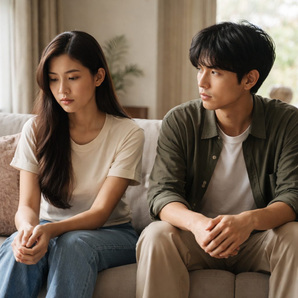 静かな表情で考え込むタイ人女性の日常的な風景