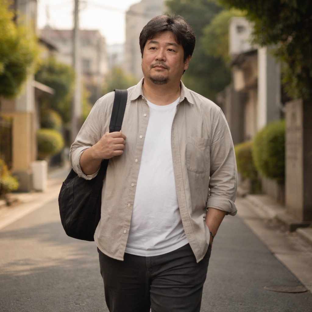 日常の中で穏やかに佇む45歳の日本人男性