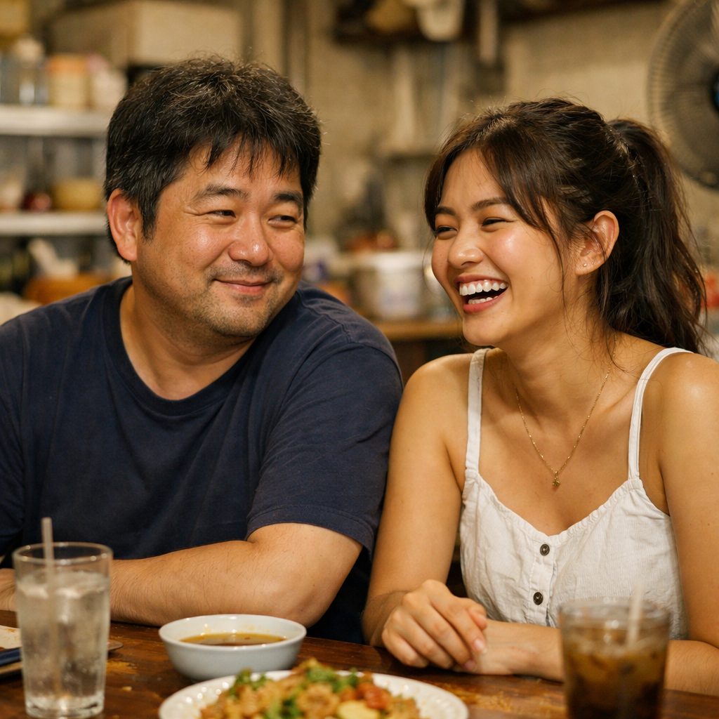 カフェで穏やかに過ごす中年日本人男性とタイ人女性