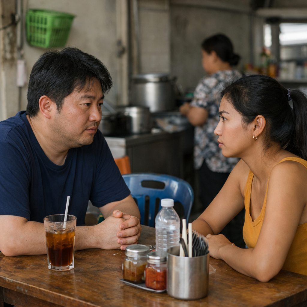 カフェで落ち着いて真剣な話をする日本人男性とタイ人女性